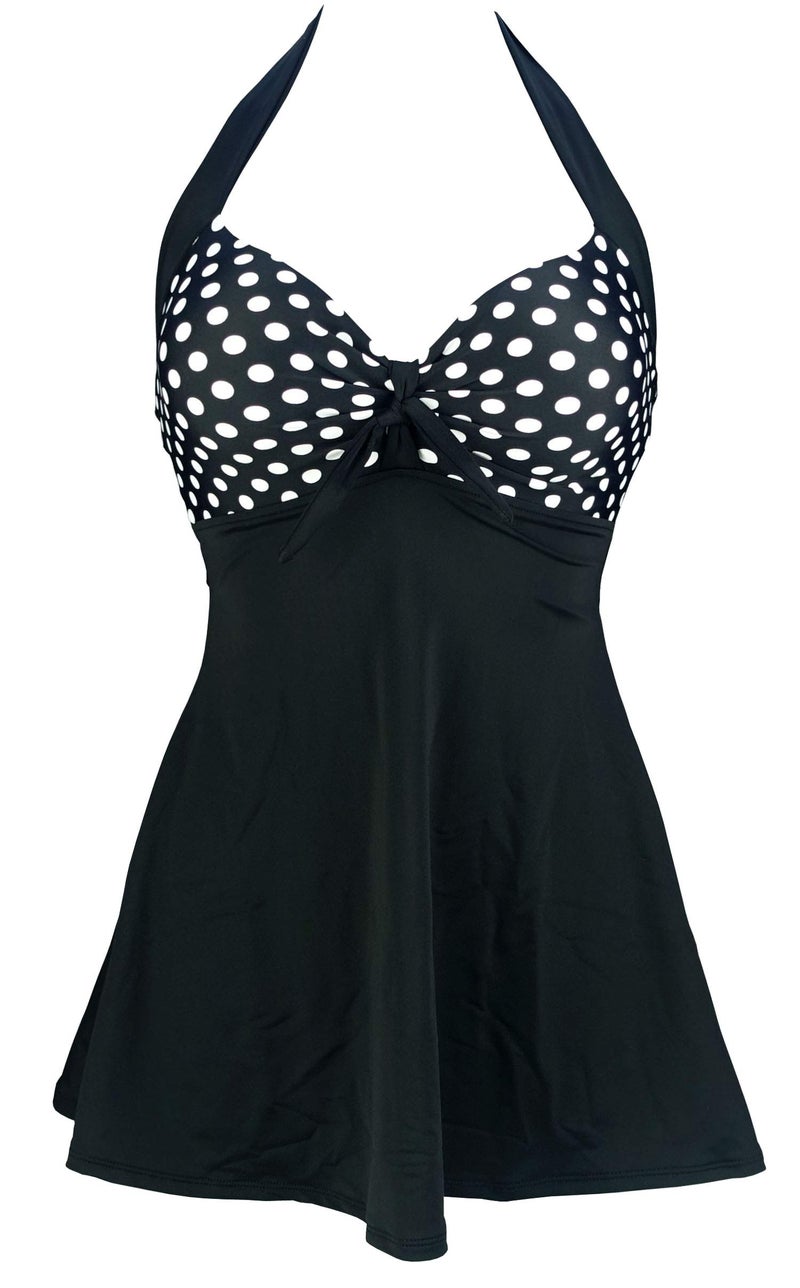 COCOSHIP Black & White Polka Dots Splice Retro Sailor Pin Up Swimsuit One Piece Skirtini Cover Up Cruise Swimdress Swimwear M(US8) - Image 1